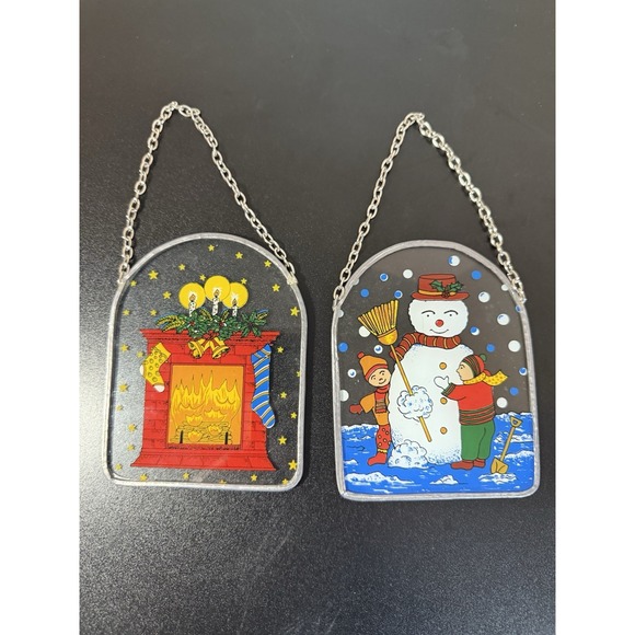 Vintage Holiday Snowman/Fireplace Metal/Glass Hanging Sun Catchers Set Of 2 - Picture 2 of 6